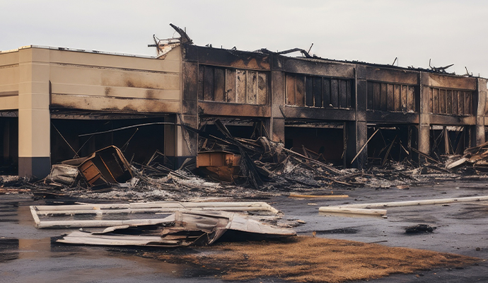 Partially collapsed and charred commercial building